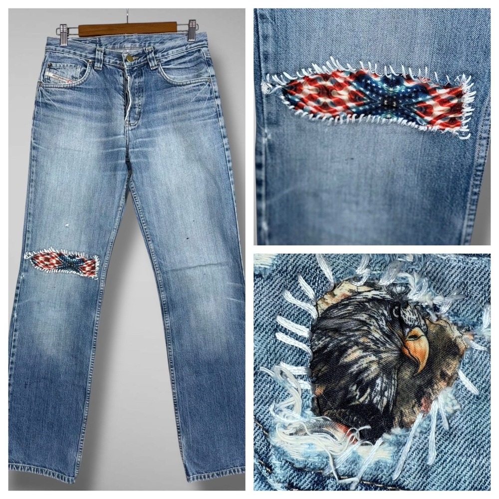 Diesel Jeans Men 28x32* Blue Larkee Straight Faded‎ Distressed Patched Americana